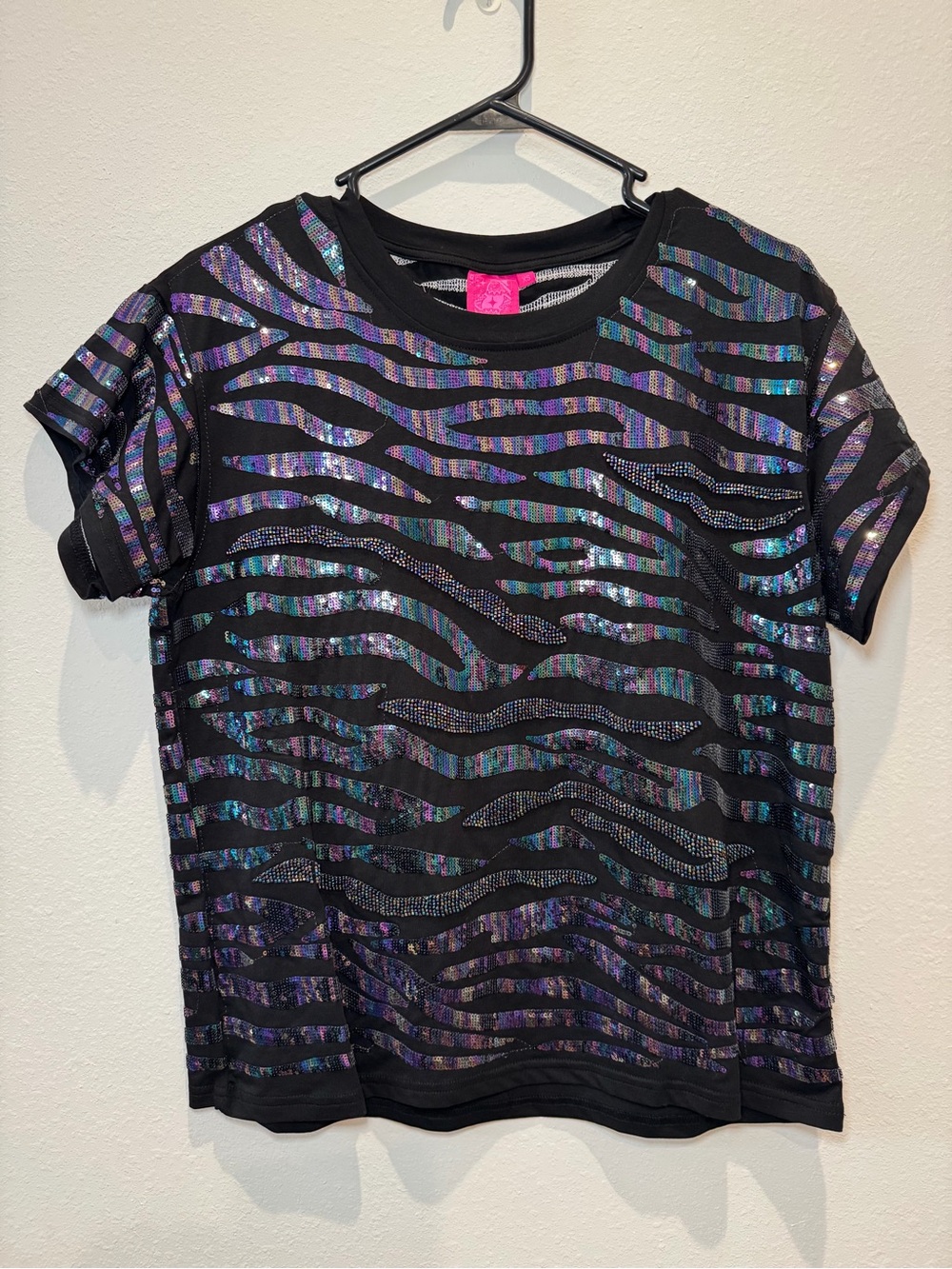Queen of Sparkles Black Metallic Seed Bead & Sequin Tiger Stripe Tee